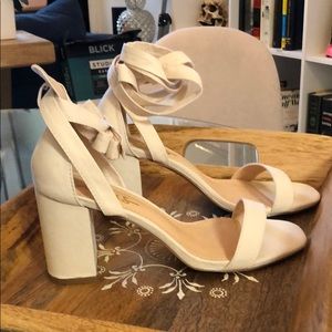 Lulu’s Airis Cream ankle wrap block heel sandals